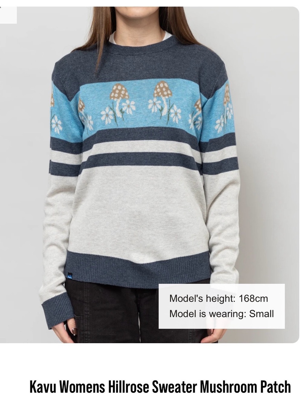 Kavu Hillrose Crewneck Sweater in Blue, Gray & Cream with Mushroom Motif